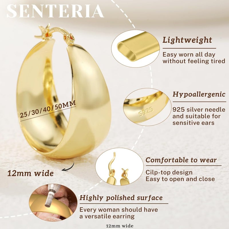 Senteria 12mm Wide Thick Hoop Earrings 925 Sterling Silver Hoop Earrings for Women Hypoallergenic 14K Real Gold Plated Hoops Large Earring Lightweight Chunky Hoops Earring for Women 25/30/40/50MM - Image 3